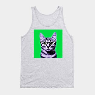 Pop Art Geek Cat in Green Background - Print / Home Decor / Wall Art / Poster / Gift / Birthday / Cat Lover Gift / Animal print Canvas Print Tank Top